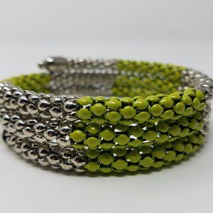 Green and Silver Tone Wire Wrap Bracelet, Woven Metal Memory Jewelry